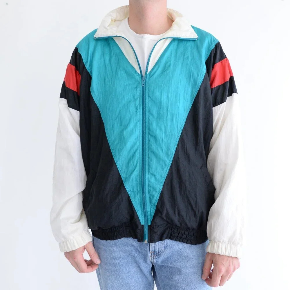 Vintage 80'S Akita Teal & Black Nylon Windbreaker Zip Up Running Jacket Size L - Picture 2 of 11